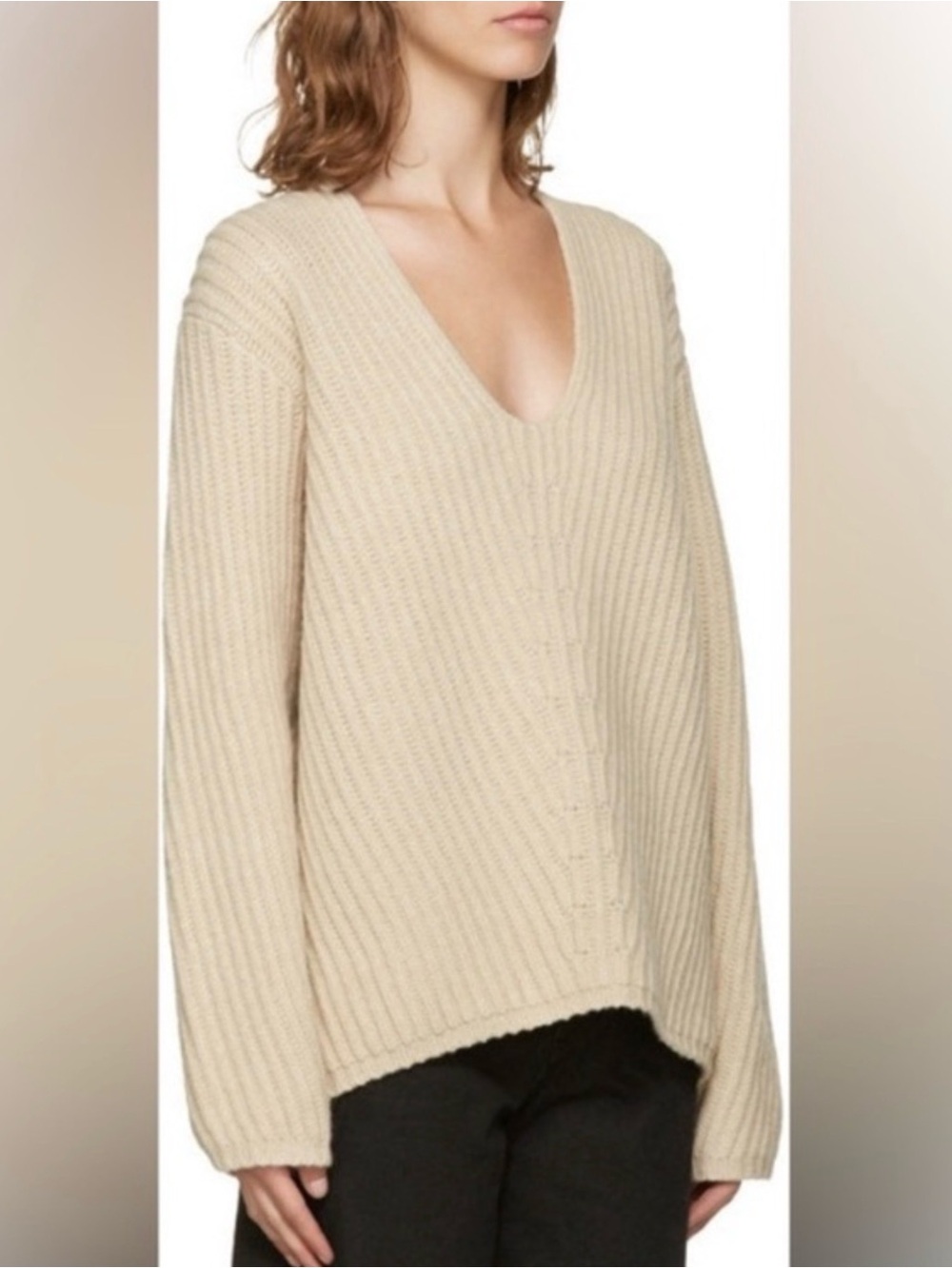 Acne Cream Ribbed V-Neck Sweater 100% Wool